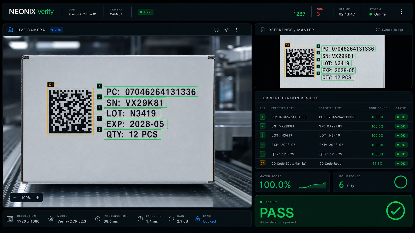 Screenshot rozhraní Neonix Verify s OCR a ověřením DataMatrix kódu
